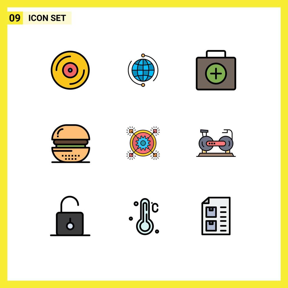 9 Universal Filledline Flat Color Signs Symbols of food cooking internet burger medical Editable Vector Design Elements