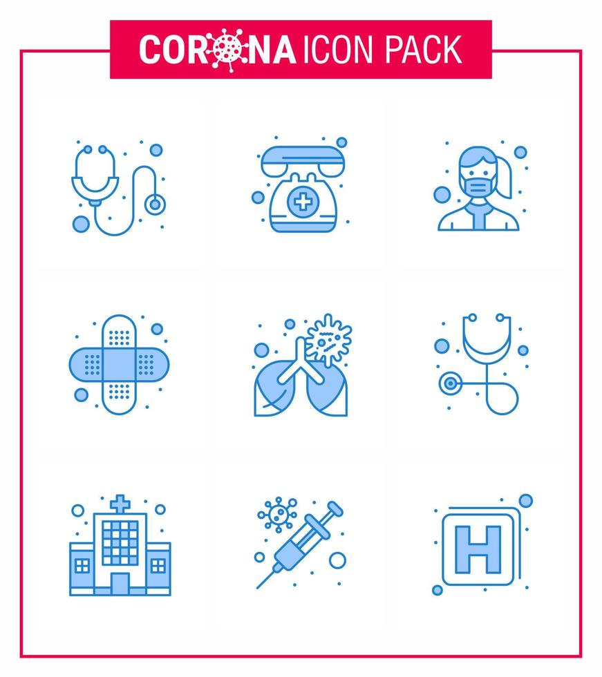 9 paquete de iconos de epidemia de coronavirus azul chupar como enfermedad lesión cara vendaje usar coronavirus viral 2019nov elementos de diseño de vector de enfermedad