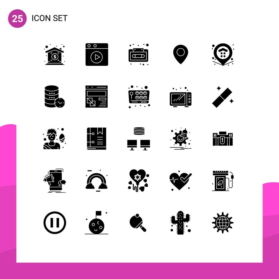 Pack of 25 Modern Solid Glyphs Signs and Symbols for Web Print Media such as hosting property cassette map map Editable Vector Design Elements