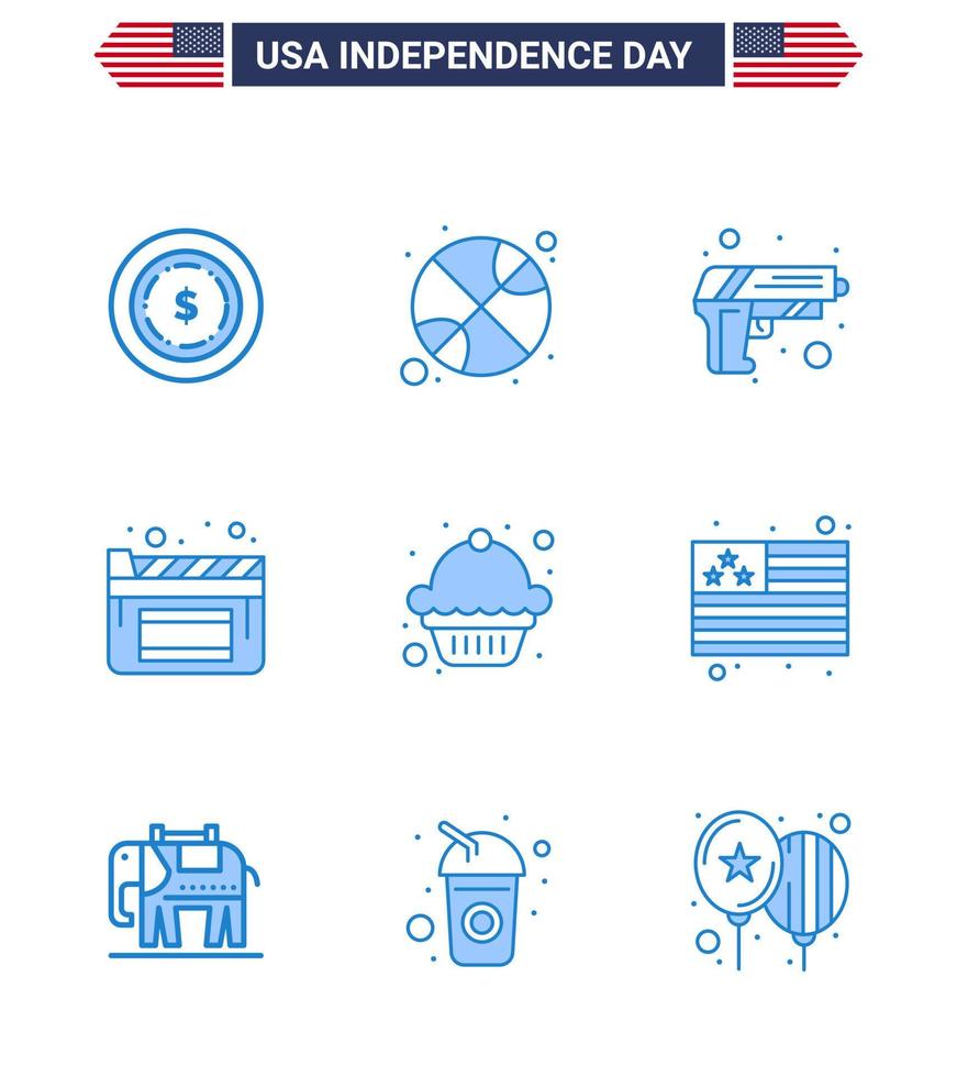 Set of 9 Vector Blues on 4th July USA Independence Day such as country dessert security cake movies Editable USA Day Vector Design Elements