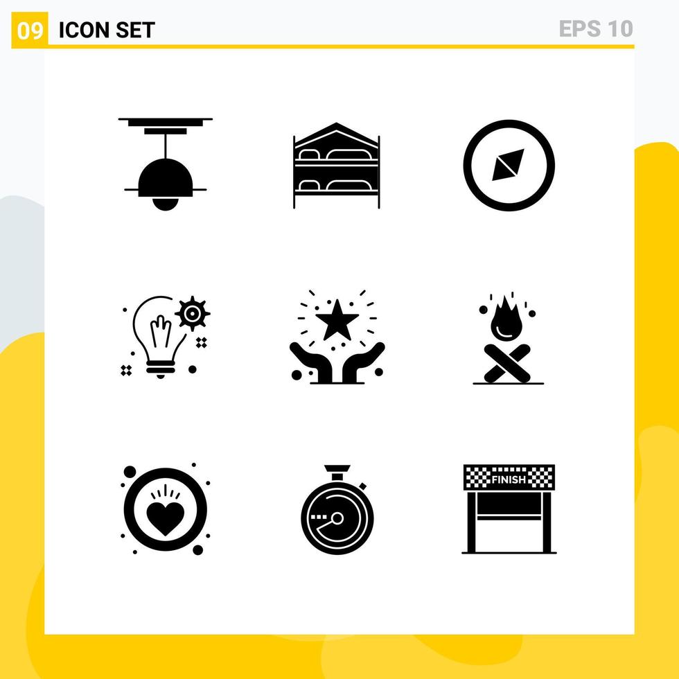 Set of 9 Commercial Solid Glyphs pack for care gear hotel solution bulb Editable Vector Design Elements