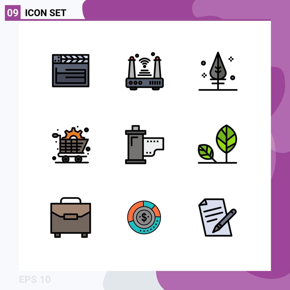 Set of 9 Vector Filledline Flat Colors on Grid for devices gear wifi shopping art Editable Vector Design Elements