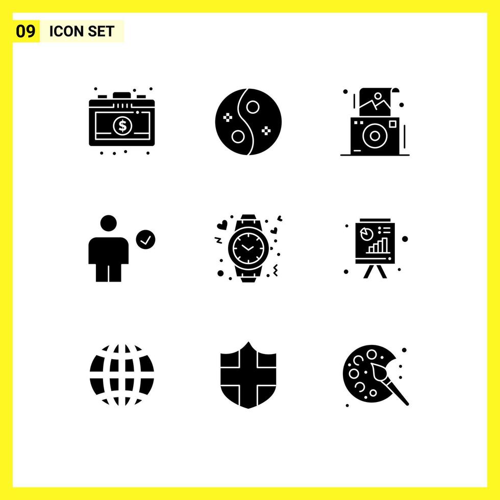 Group of 9 Solid Glyphs Signs and Symbols for heart complete camera check avatar Editable Vector Design Elements