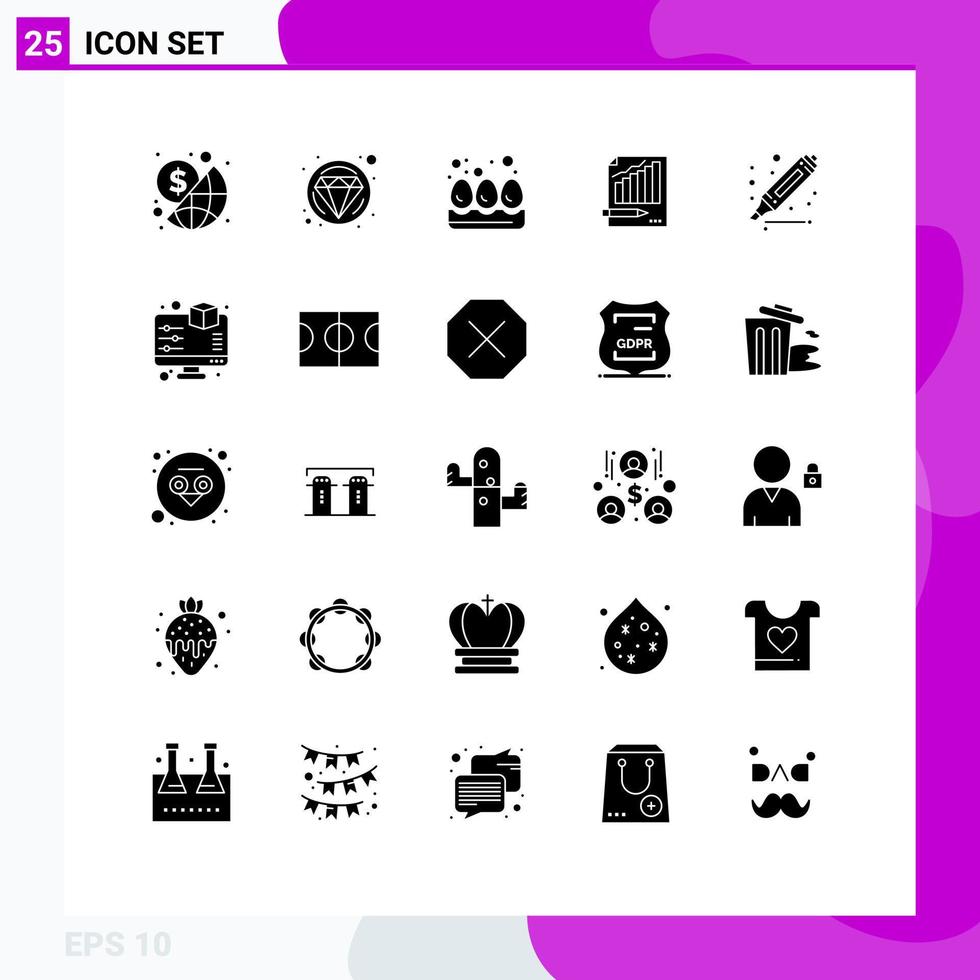 25 User Interface Solid Glyph Pack of modern Signs and Symbols of drawing graph egg chart analytics Editable Vector Design Elements