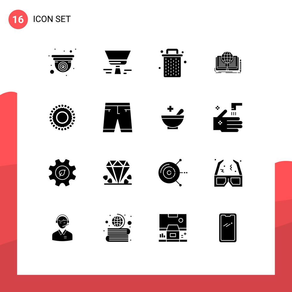 Editable Vector Line Pack of 16 Simple Solid Glyphs of bracelet story basket book writing Editable Vector Design Elements