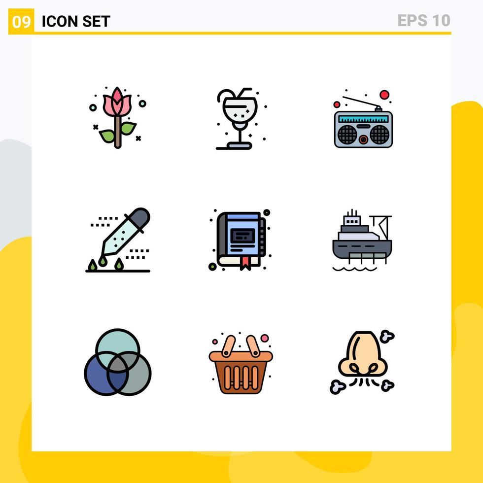 9 User Interface Filledline Flat Color Pack of modern Signs and Symbols of book pipette dropper straw microbiology chemical test Editable Vector Design Elements
