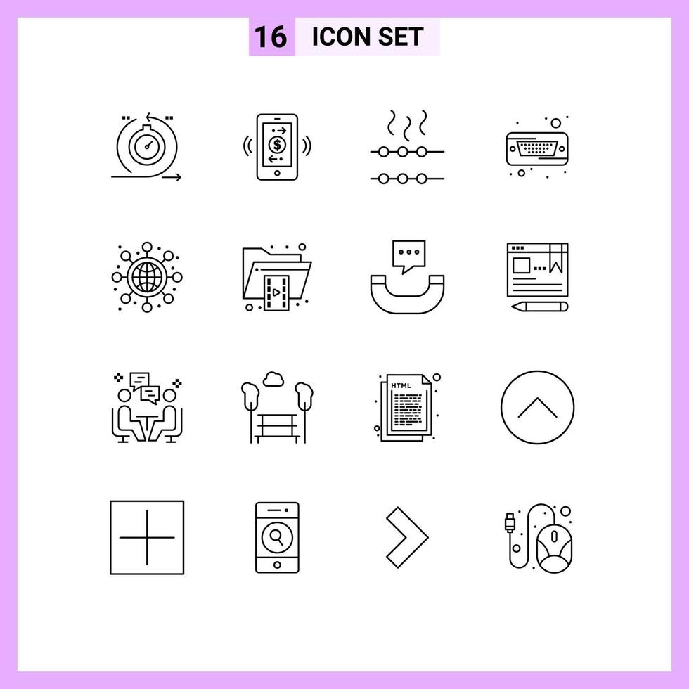Modern Set of 16 Outlines and symbols such as networking hard communications hard disk drive Editable Vector Design Elements