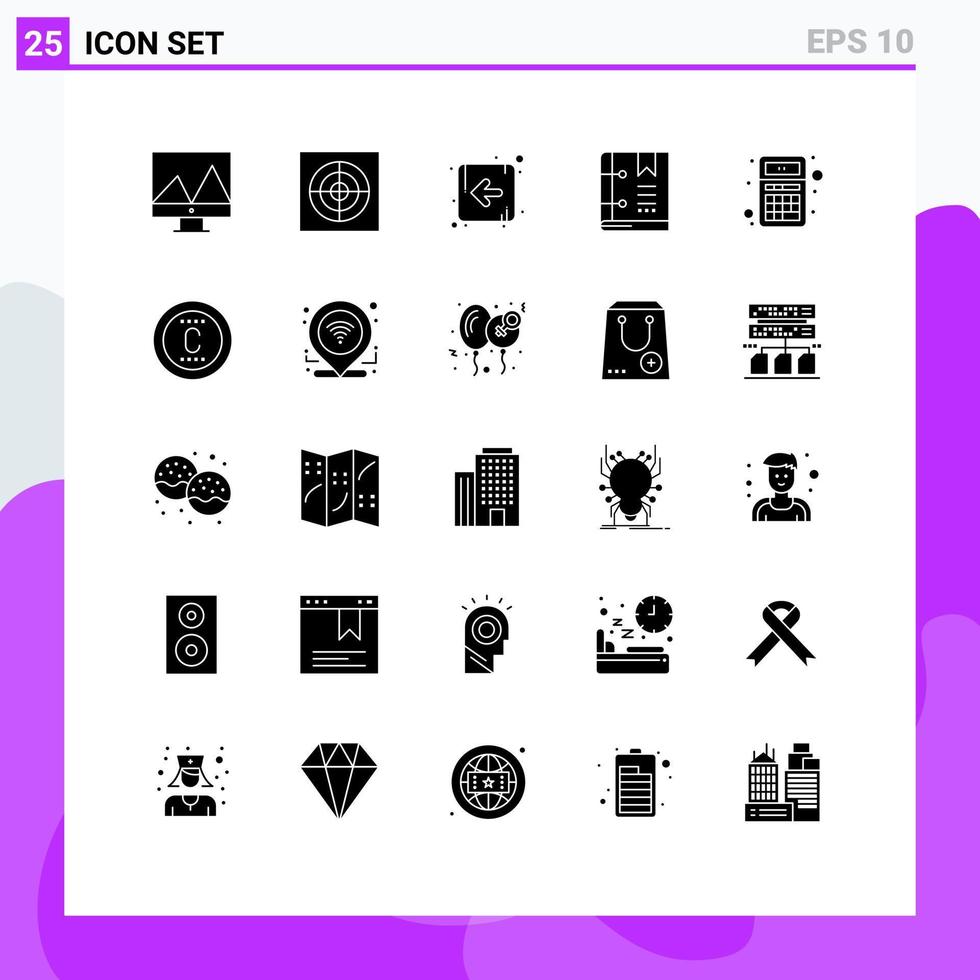 Editable Vector Line Pack of 25 Simple Solid Glyphs of calculator app left add marker Editable Vector Design Elements