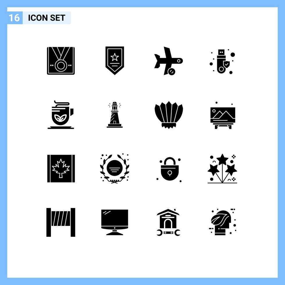 Group of 16 Solid Glyphs Signs and Symbols for usb signature winner security transport Editable Vector Design Elements