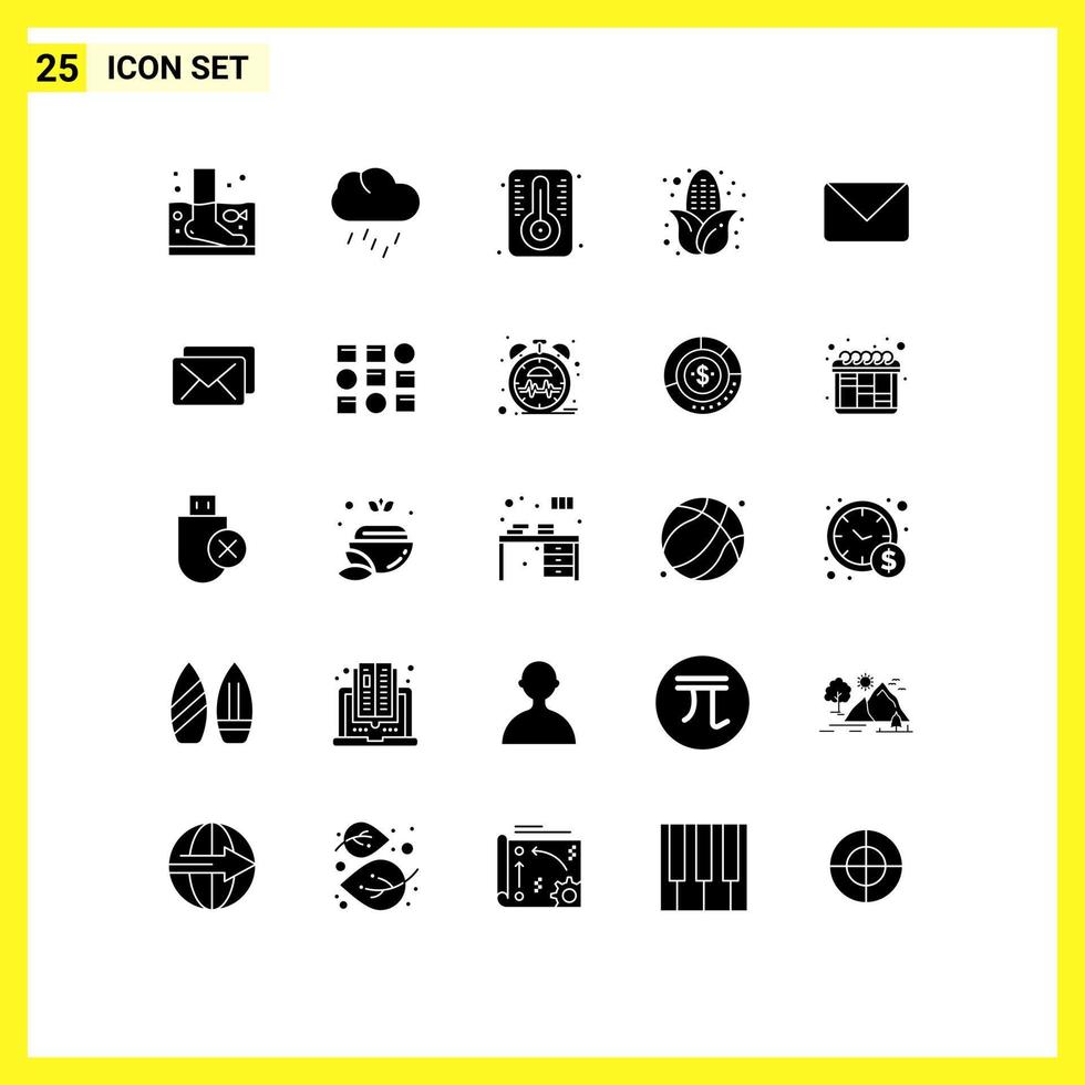 25 Thematic Vector Solid Glyphs and Editable Symbols of sms twitter weather food autumn Editable Vector Design Elements