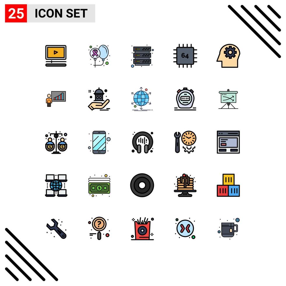 25 Thematic Vector Filled line Flat Colors and Editable Symbols of head gadget world devices chip Editable Vector Design Elements