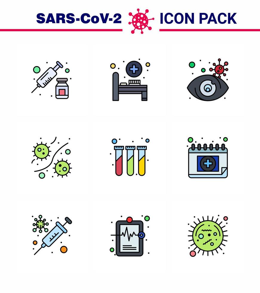 Coronavirus Precaution Tips icon for healthcare guidelines presentation 9 Filled Line Flat Color icon pack such as lab viruses search plasm germs viral coronavirus 2019nov disease Vector Design E