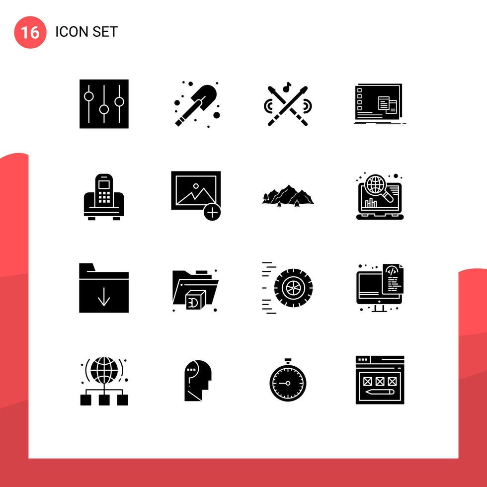 16 Universal Solid Glyphs Set for Web and Mobile Applications device os drum operational window Editable Vector Design Elements