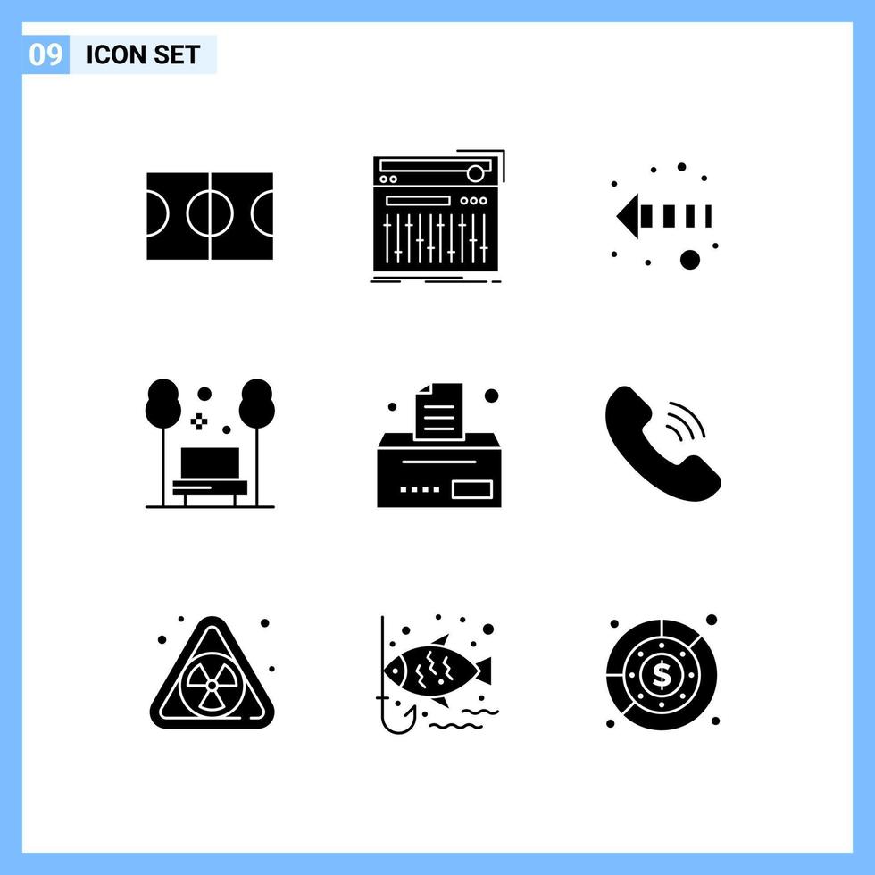 9 iconos estilo sólido símbolos de glifo creativo signo de icono sólido negro aislado sobre fondo blanco vector
