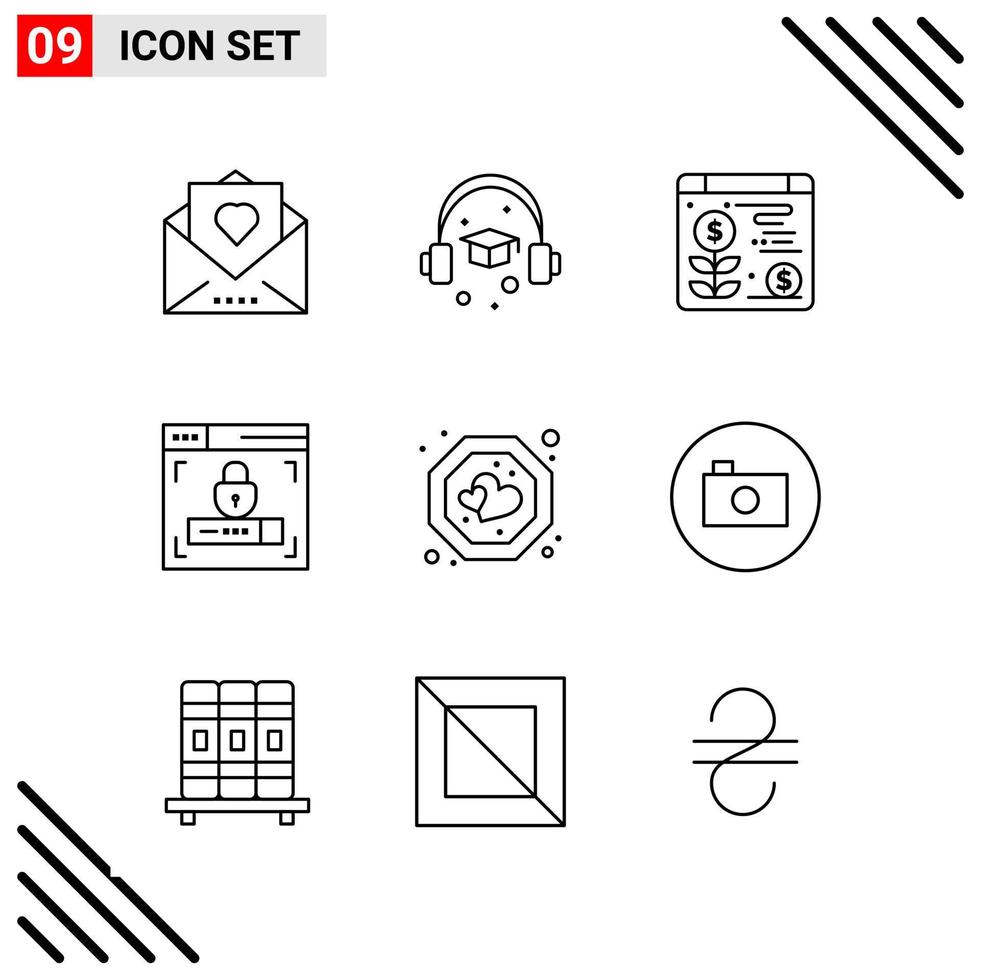 conjunto perfecto de píxeles de iconos de 9 líneas conjunto de iconos de esquema para el diseño de sitios web y la interfaz de aplicaciones móviles vector