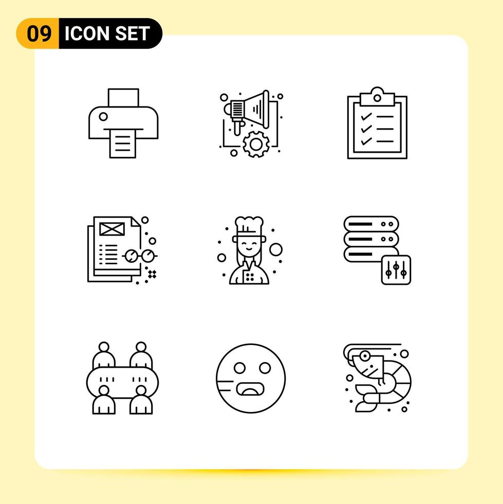 Mobile Interface Outline Set of 9 Pictograms of database female chef list cook content management Editable Vector Design Elements