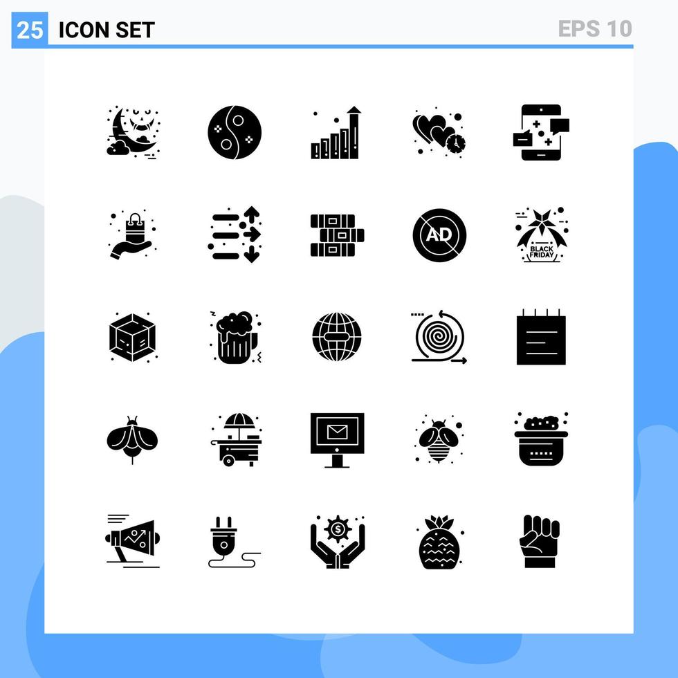 Pack of 25 Modern Solid Glyphs Signs and Symbols for Web Print Media such as communication time women love clock Editable Vector Design Elements