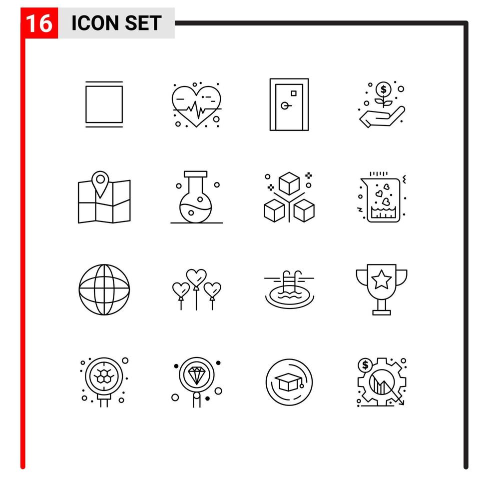 Group of 16 Modern Outlines Set for pin location buildings money hand Editable Vector Design Elements