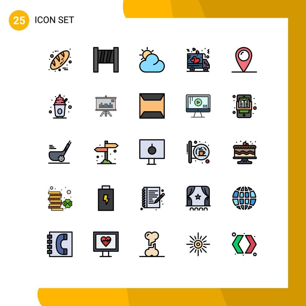 Set of 25 Commercial Filled line Flat Colors pack for party pad lock delivery map holiday Editable Vector Design Elements