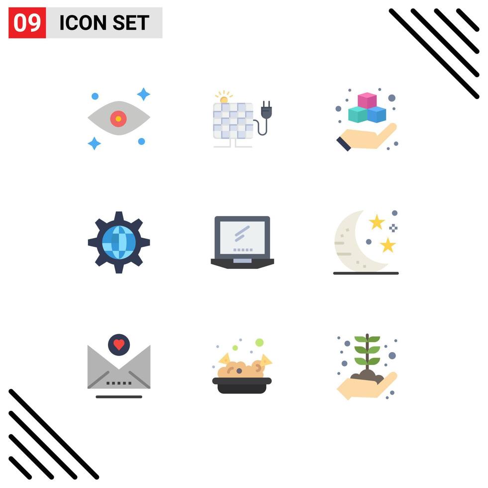 9 Thematic Vector Flat Colors and Editable Symbols of monitor setting printing gear globe Editable Vector Design Elements