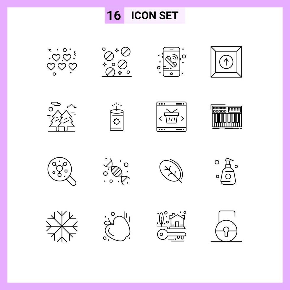 Modern Set of 16 Outlines and symbols such as candle hiking phone nature forest Editable Vector Design Elements