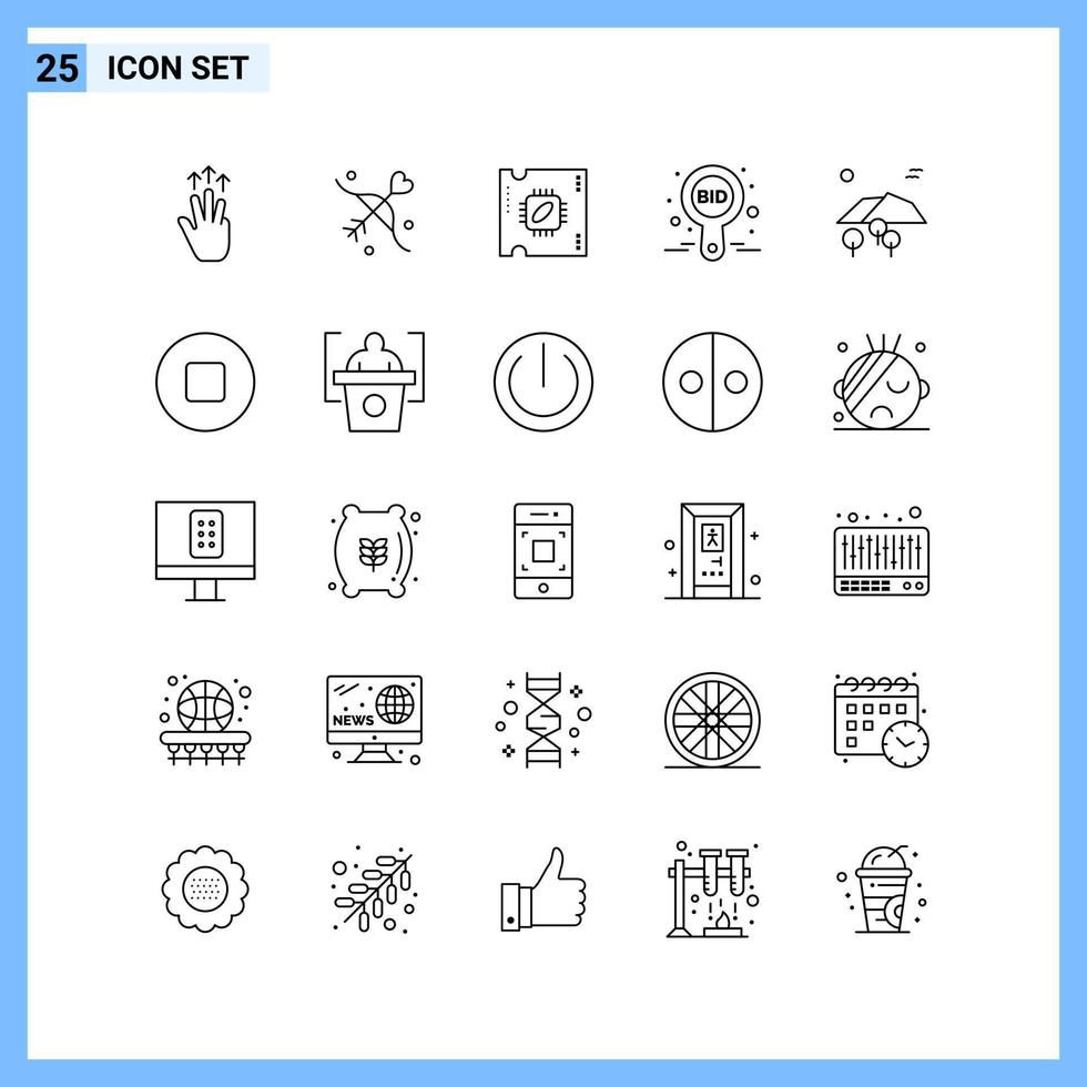 25 iconos estilo de línea símbolos de contorno creativo icono de línea negra signo aislado sobre fondo blanco vector