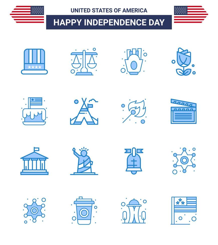 USA Independence Day Blue Set of 16 USA Pictograms of cake plent chips usa flower Editable USA Day Vector Design Elements