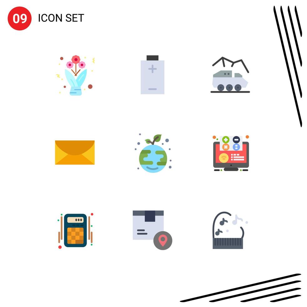 Set of 9 Vector Flat Colors on Grid for growth global planet message mail Editable Vector Design Elements