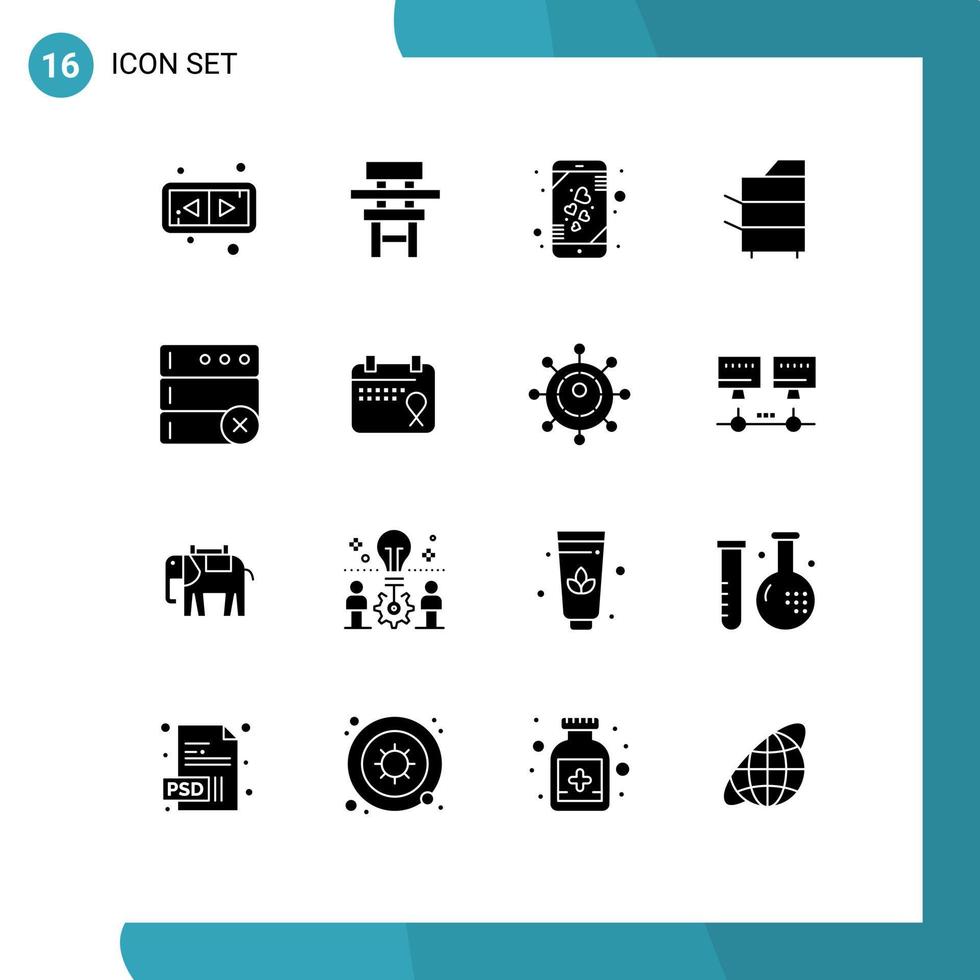 Group of 16 Modern Solid Glyphs Set for database products heart electronics copier Editable Vector Design Elements