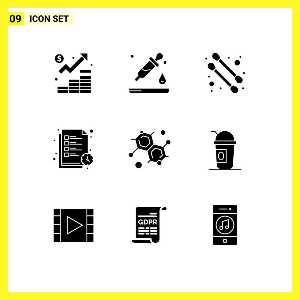 Universal Icon Symbols Group of 9 Modern Solid Glyphs of science chemist science list study time Editable Vector Design Elements