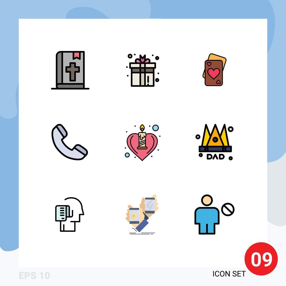 Modern Set of 9 Filledline Flat Colors Pictograph of heart telephone play phone wedding Editable Vector Design Elements