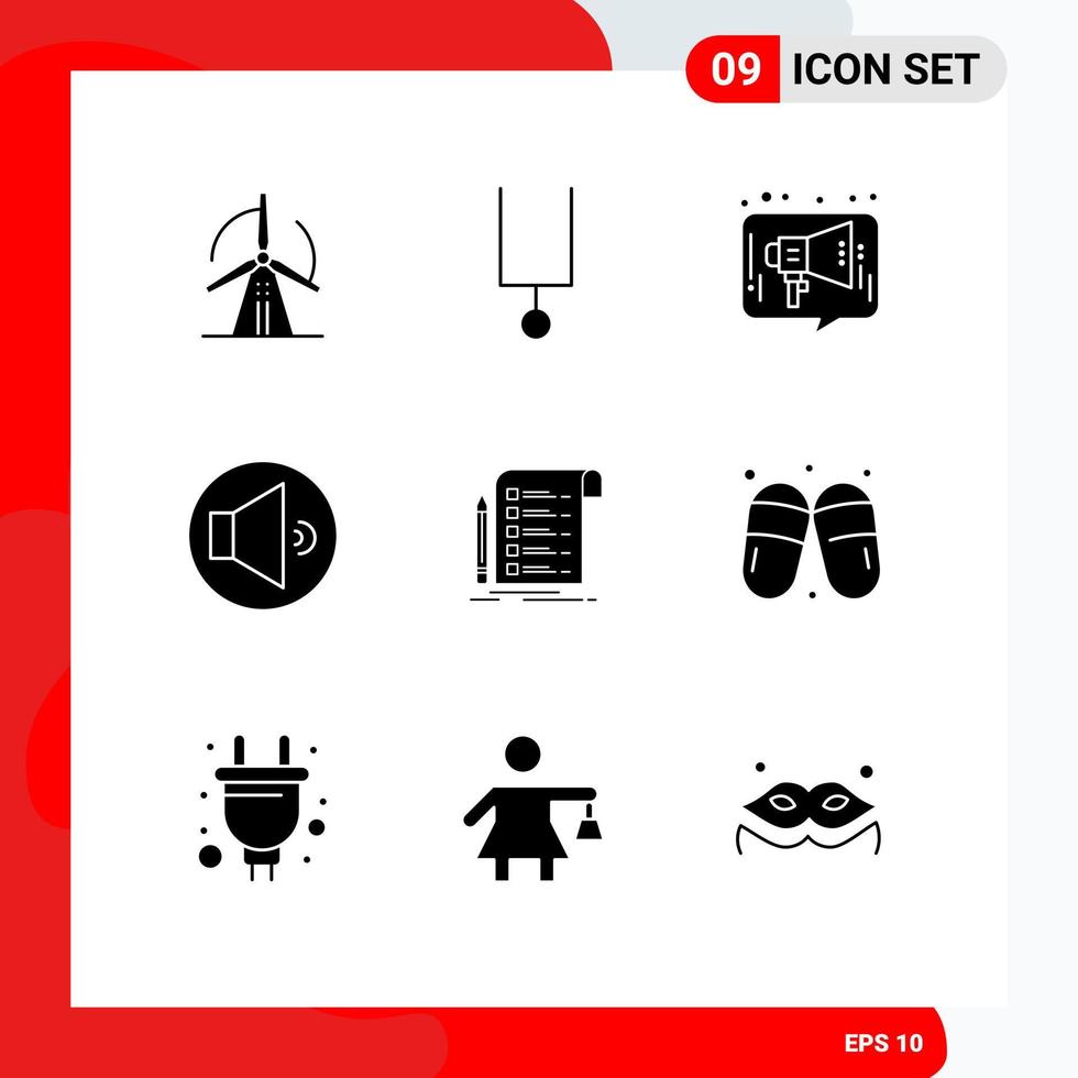 Pack of 9 Modern Solid Glyphs Signs and Symbols for Web Print Media such as invoice file advertising volume sound Editable Vector Design Elements