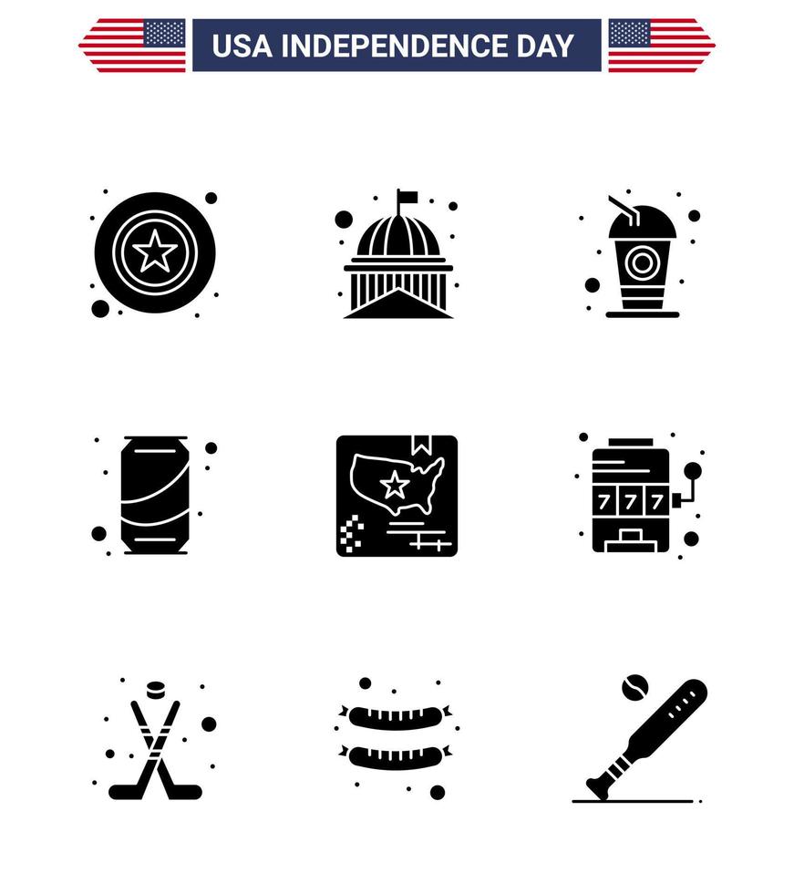 9 USA Solid Glyph Signs Independence Day Celebration Symbols of american soda white can soda Editable USA Day Vector Design Elements