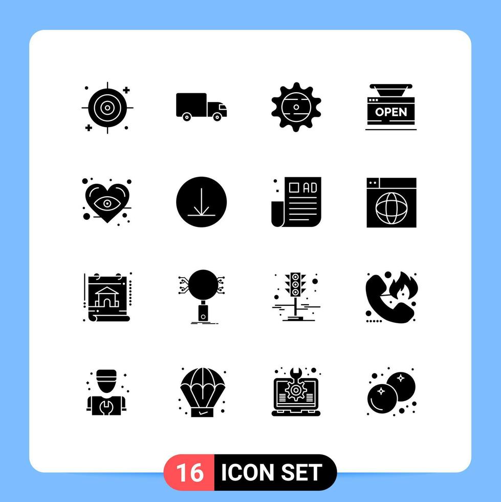 Pack of 16 Modern Solid Glyphs Signs and Symbols for Web Print Media such as heart online cap web shop Editable Vector Design Elements