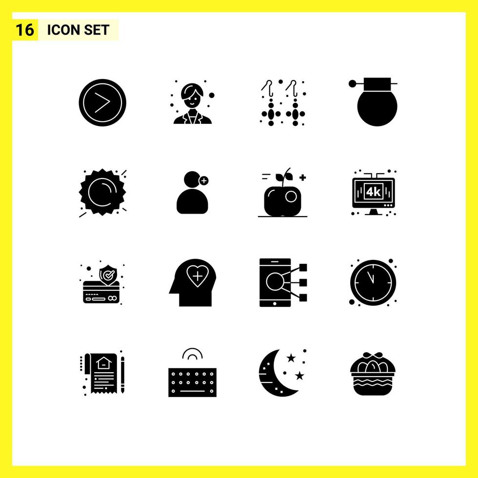 Set of 16 Vector Solid Glyphs on Grid for sun weapon fashion war bomb Editable Vector Design Elements