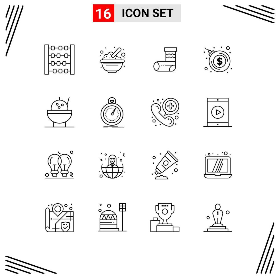 Editable Vector Line Pack of 16 Simple Outlines of done bowl celebration dollar bomb explosion Editable Vector Design Elements