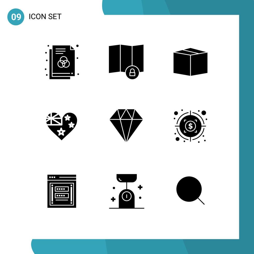 9 User Interface Solid Glyph Pack of modern Signs and Symbols of money diamond cargo care flag Editable Vector Design Elements