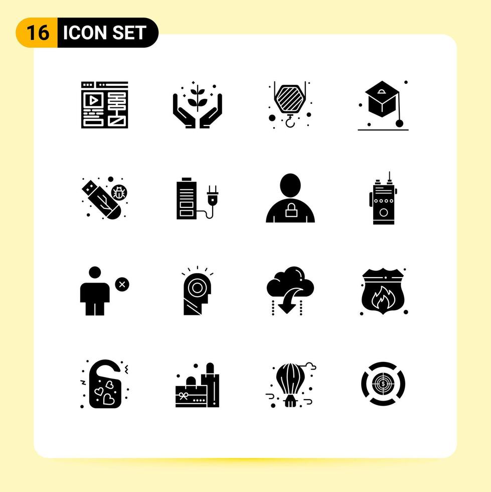 Set of 16 Commercial Solid Glyphs pack for storage drive construction student graduation Editable Vector Design Elements