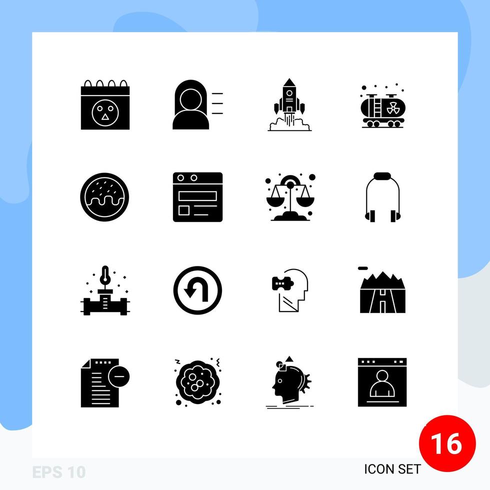 paquete de 16 glifos sólidos creativos de elementos de diseño de vectores editables de contaminación de postres de inicio de donas comerciales