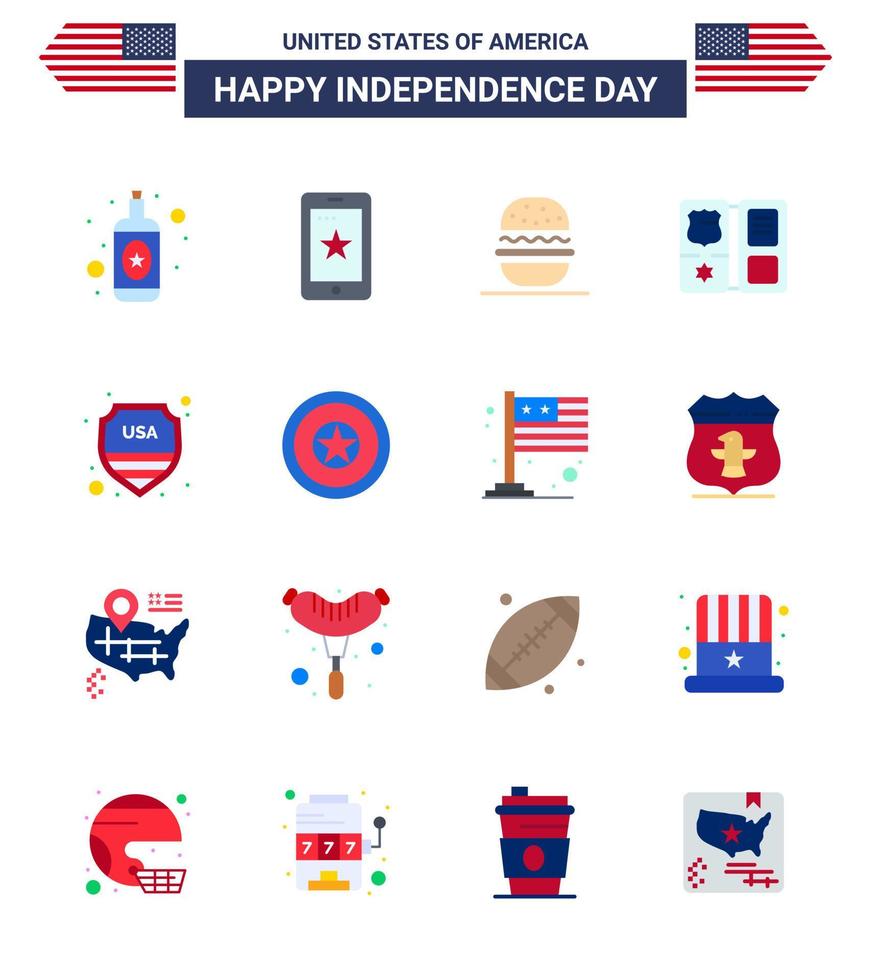 Big Pack of 16 USA Happy Independence Day USA Vector Flats and Editable Symbols of sign security eat star shield Editable USA Day Vector Design Elements