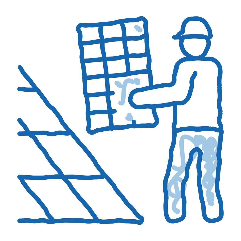 installer working solar battery doodle icon hand drawn illustration vector