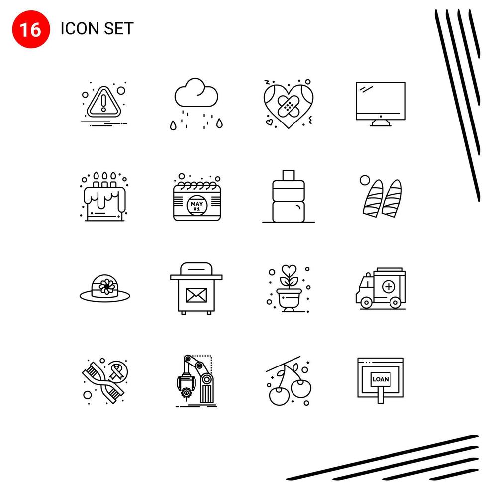 Pack of 16 creative Outlines of pc device bandage monitor love Editable Vector Design Elements