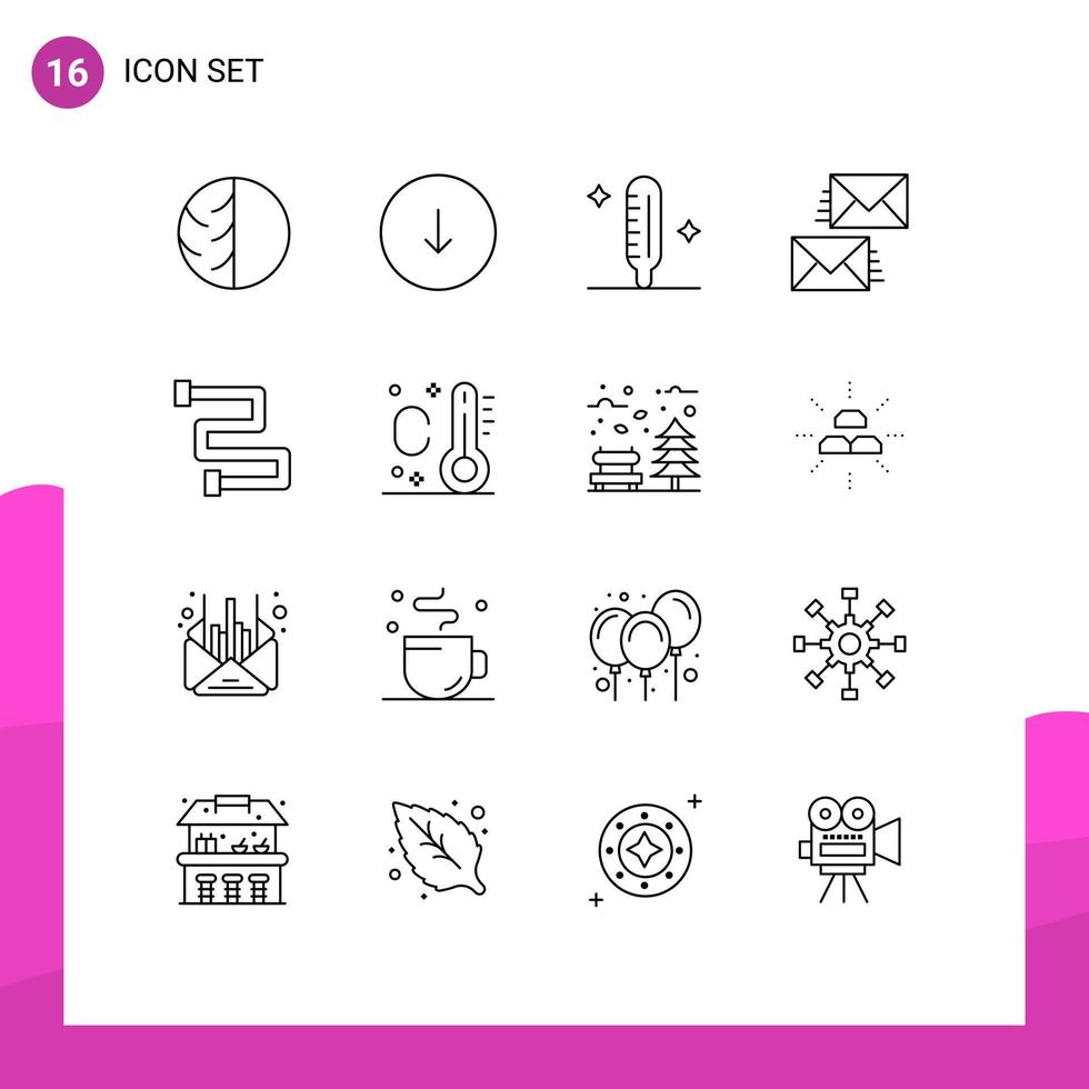 Set of 16 Modern UI Icons Symbols Signs for contact us communication down thermometer fever Editable Vector Design Elements