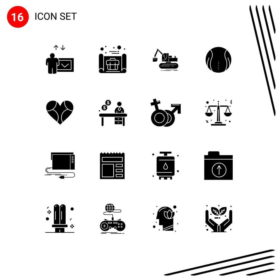 Mobile Interface Solid Glyph Set of 16 Pictograms of favorite heart construction game tennis Editable Vector Design Elements