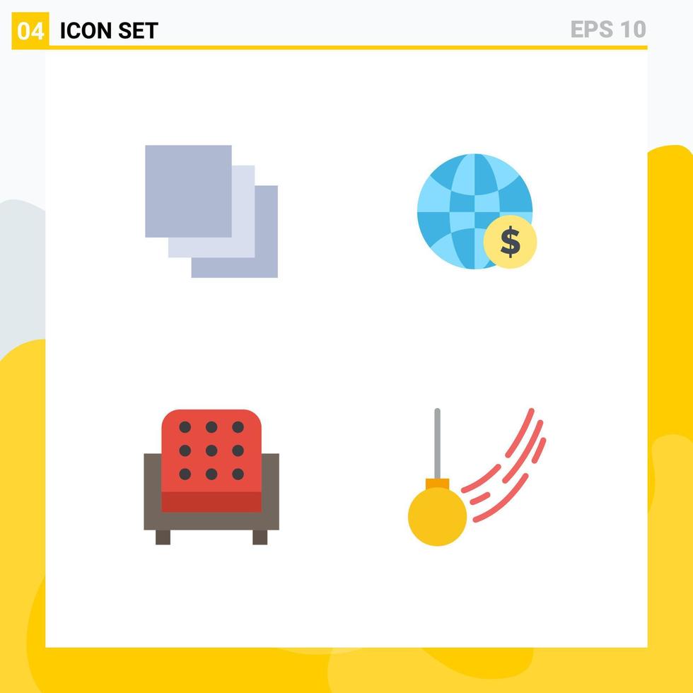 Modern Set of 4 Flat Icons Pictograph of cascade interior world money sofa Editable Vector Design Elements