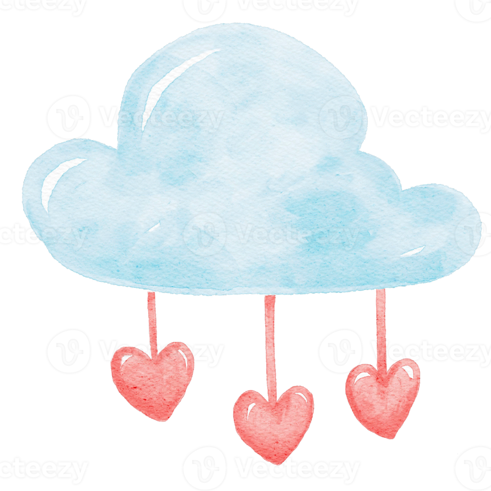 cute watercolour love blue cloud with hearts hand drawing png