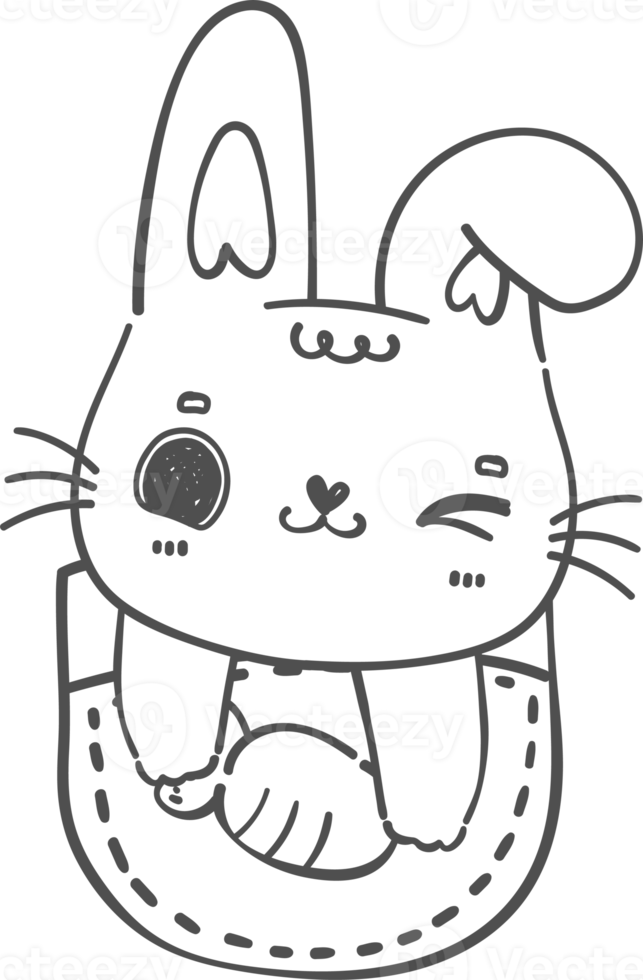 Happy smile Kawaii bunny rabbit in t shirt pocket cartoon doodle hand drawing outline for colouring png
