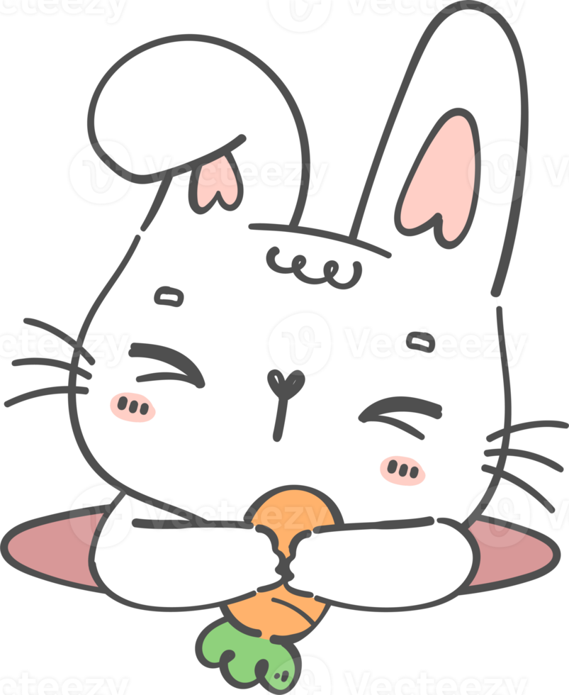 Cute happy smile white bunny rabbit with carrot in hole cartoon doodle animal character hand drawing png