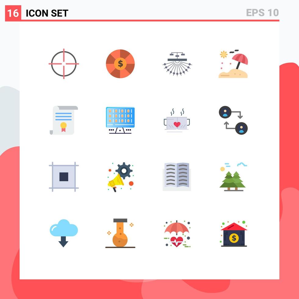 16 User Interface Flat Color Pack of modern Signs and Symbols of diploma certificate site vacation beach Editable Pack of Creative Vector Design Elements