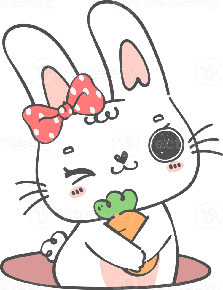 Cute happy smile white bunny rabbit with carrot in hole cartoon doodle animal character hand drawing png